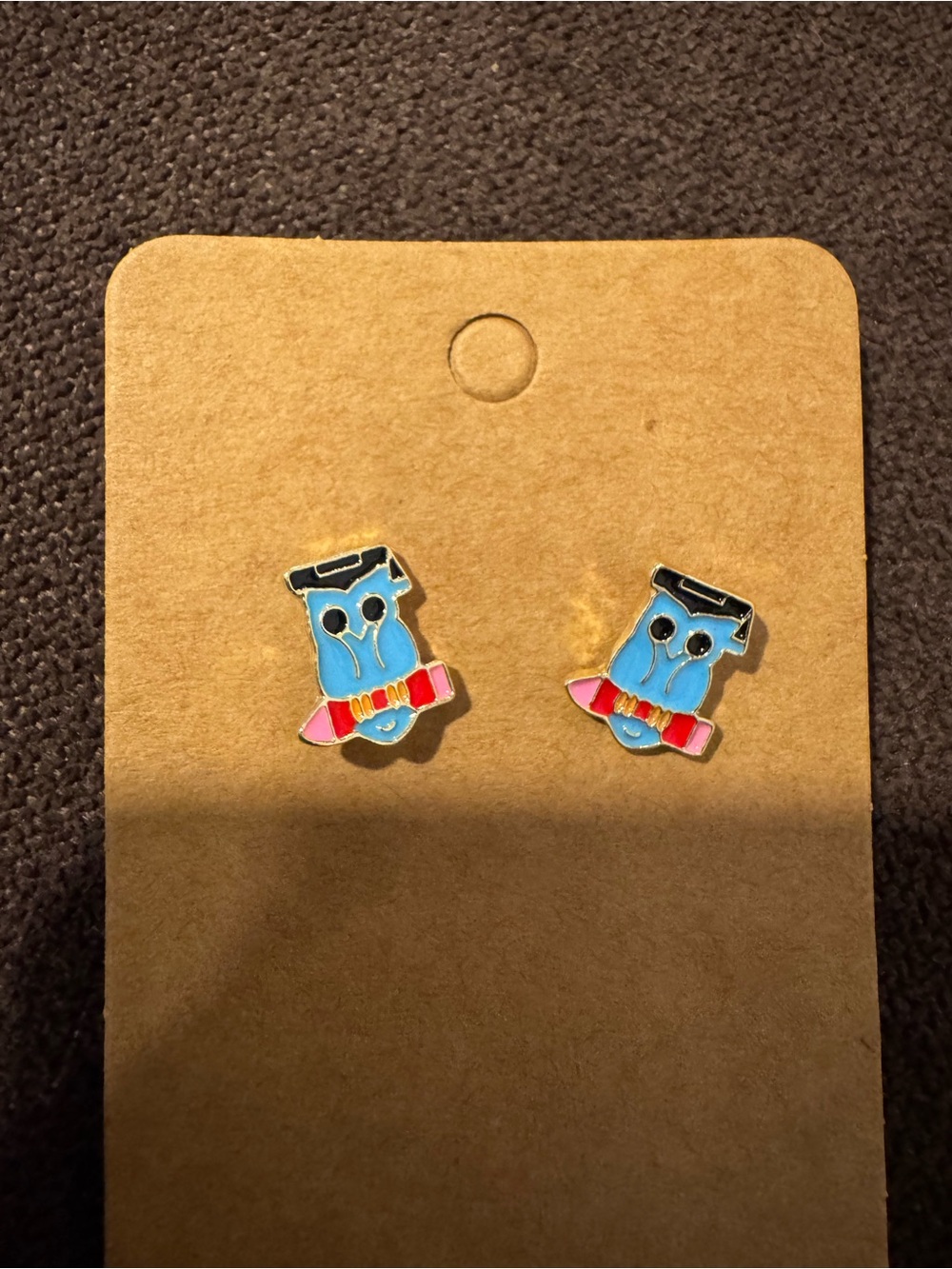 Source Unknown Blue Owl Pencil Stud Earrings with Pink and Red Accents